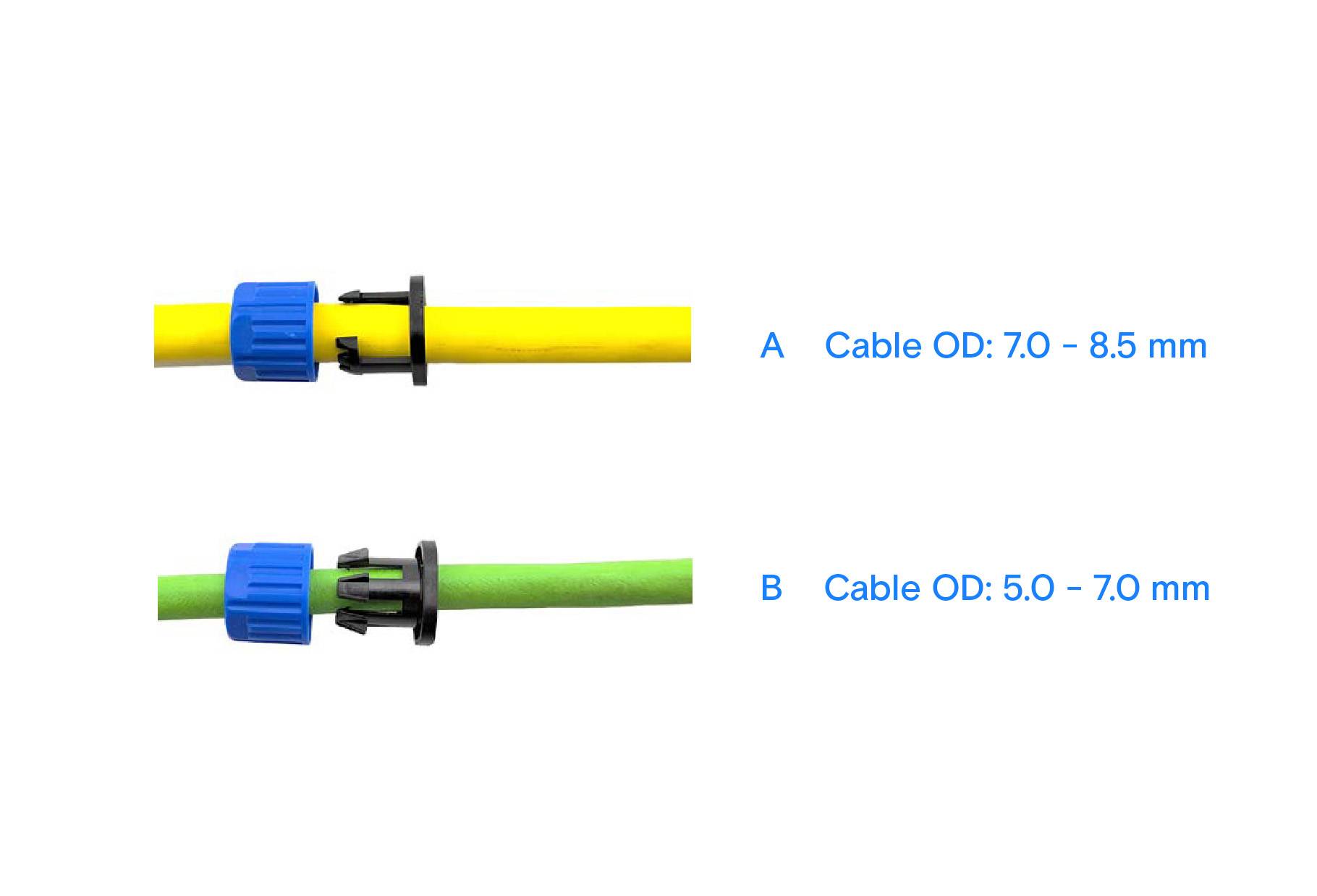 Ovanför: Gult kabel med blå och svart kontakt för diameter 7,0-8,5 mm. Nedanför: Grönt kabel för diameter 5,0-7,0 mm.