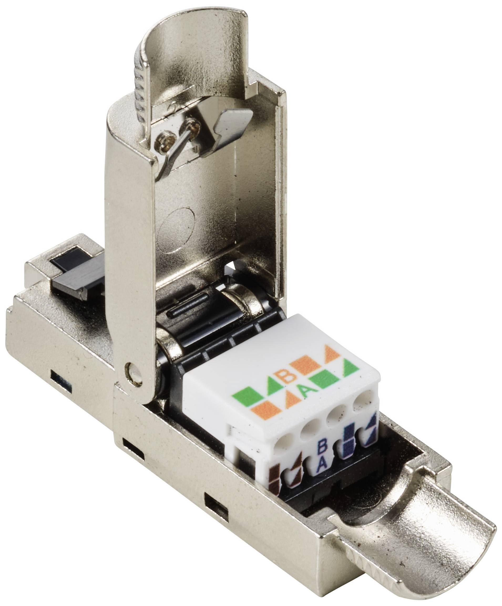RJ45-nätverksmodul i metall med öppet hölje visar de färgkodade kontakterna för kabelanslutningar.