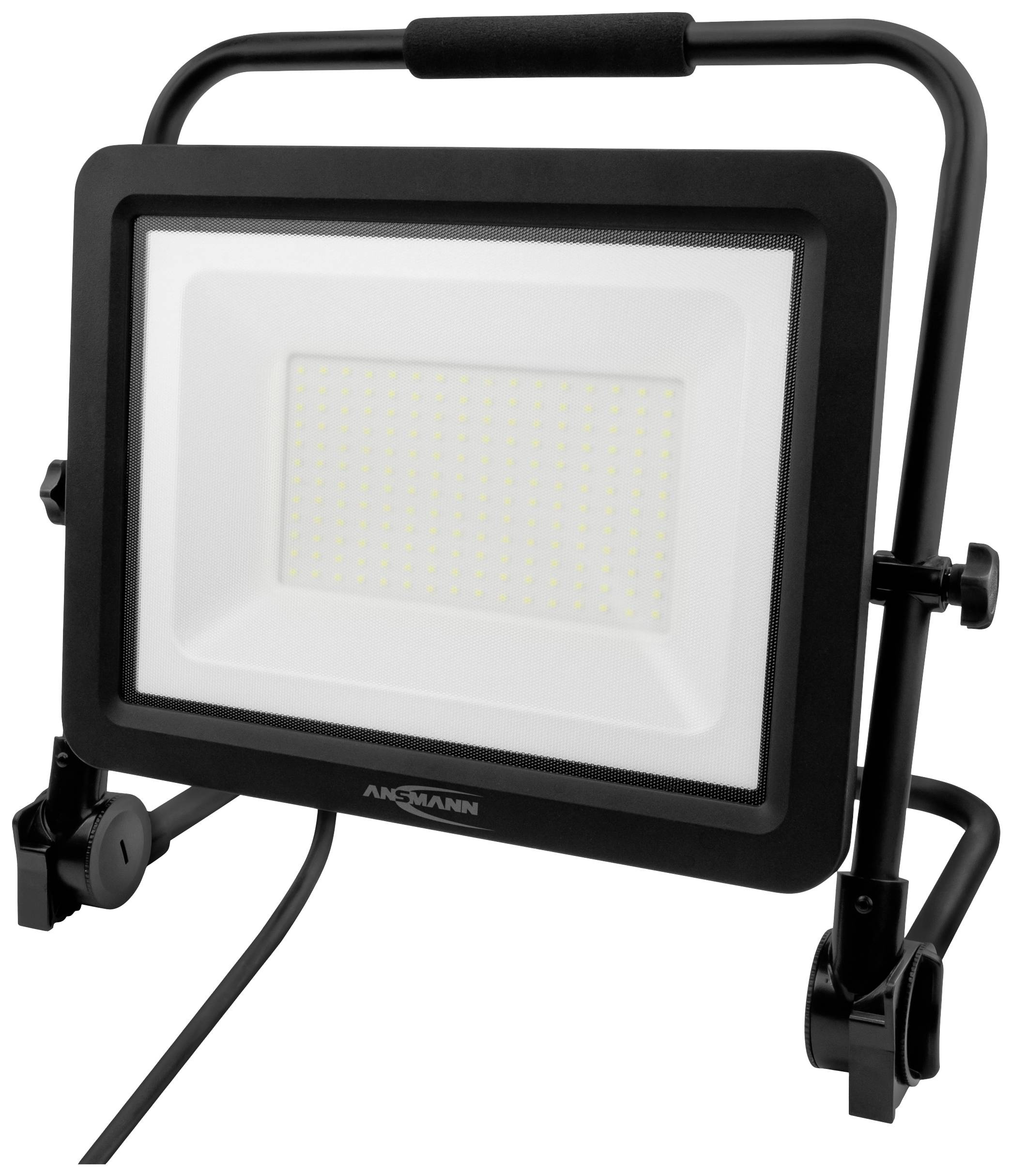 Portabel LED-strålkastare på stativ, svart ram, lyser starkt för byggarbetsplatser eller utomhusbruk.