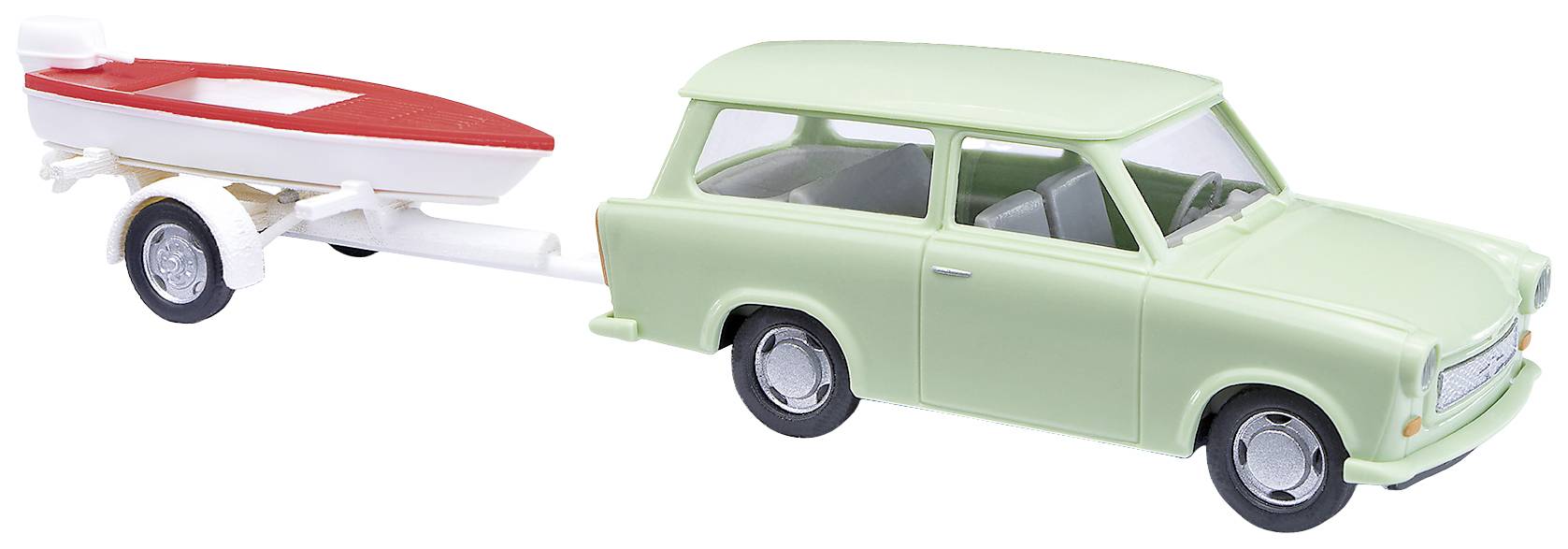 En mintgrön modellbil drar en liten röd och vit båttrailer. Bilden visar en klassisk fördonsdesign.