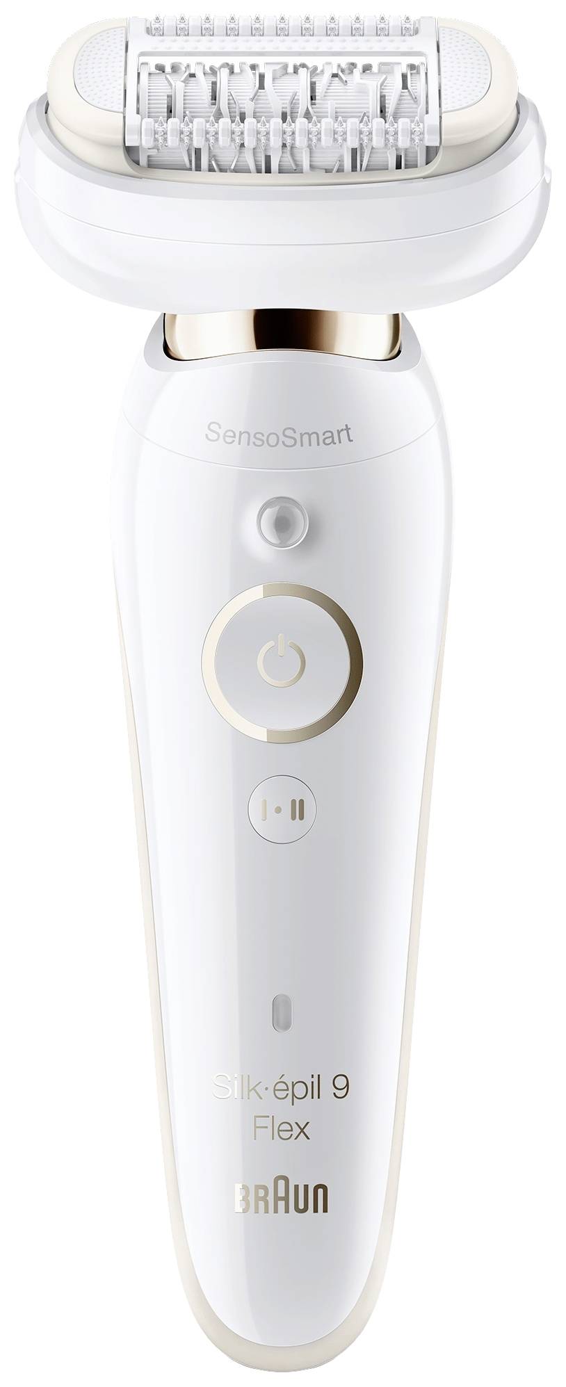 Elektrisk epilator i vitt med guldiga accenter. Märkt med 'SensoSmart', 'Silk-épil 9 Flex' och 'Braun'.