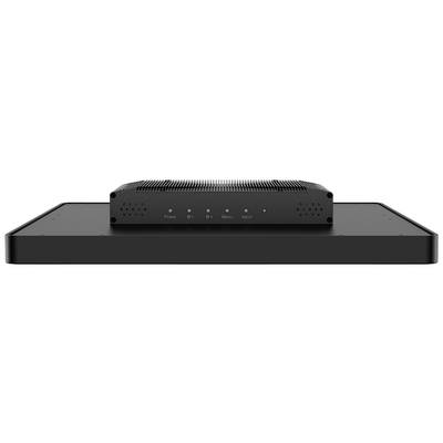 Svart elektronisk enhet med knappar för ström, kanal+, kanal-, meny och ingång framtill, placerad på rektangulär bas.