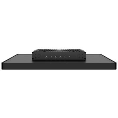 En svart elektronisk enhet med fem LED-indikatorer, märkta med 'Power', '1', '2', 'Mono' och 'High', står på en större svart plattform.