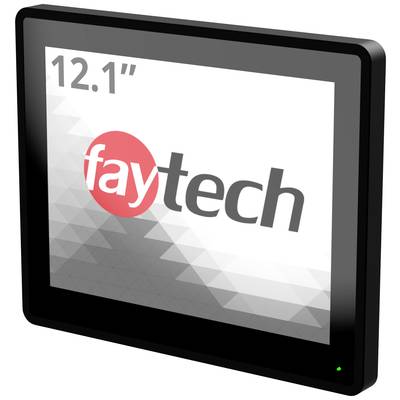 En 12,1-tums skärm från faytech visar logotypen på en svart-vit bakgrund.