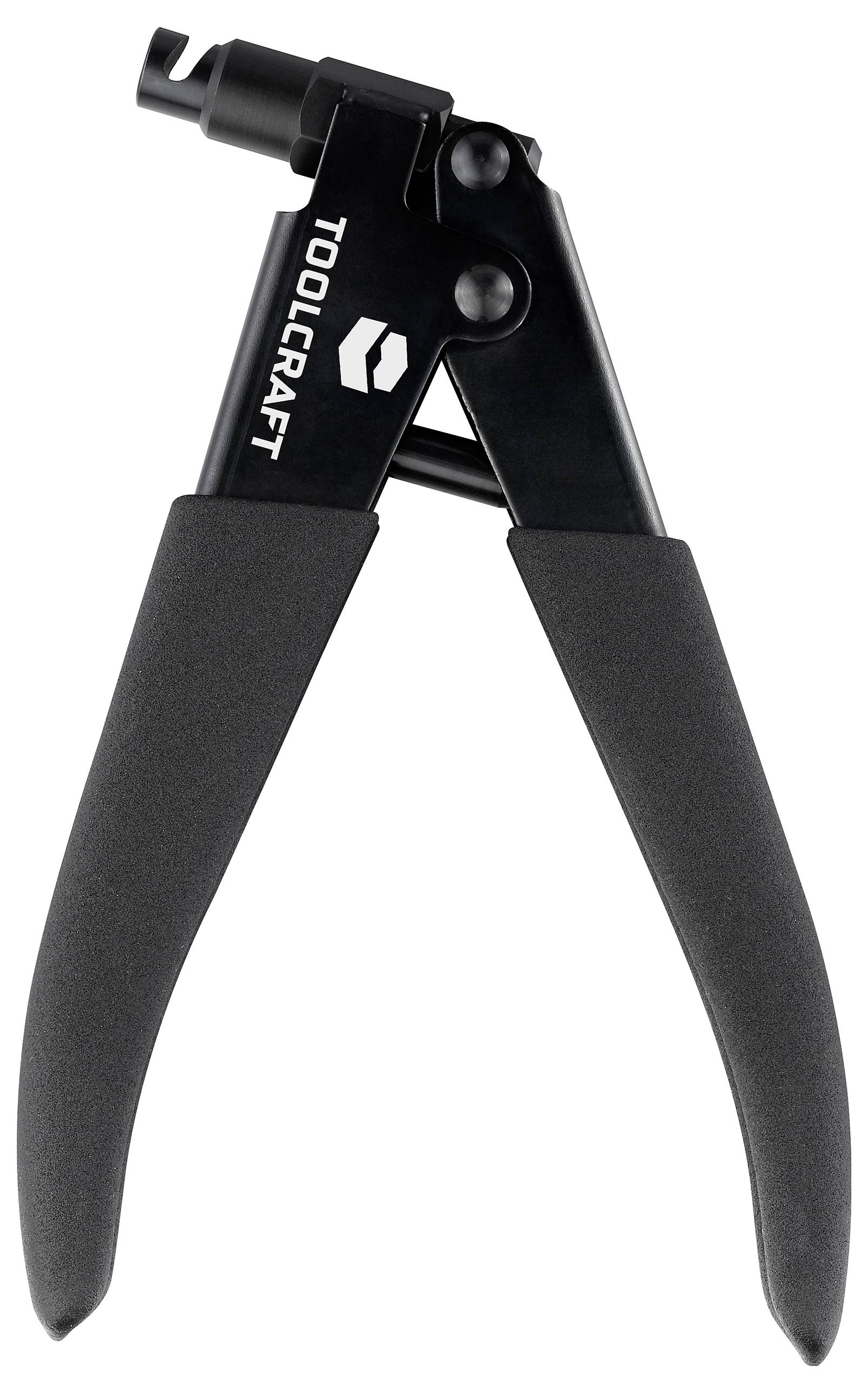 Popnitare med svart handtag och TOOLCRAFT-logotyp. Används för att fästa metallnitar i material.