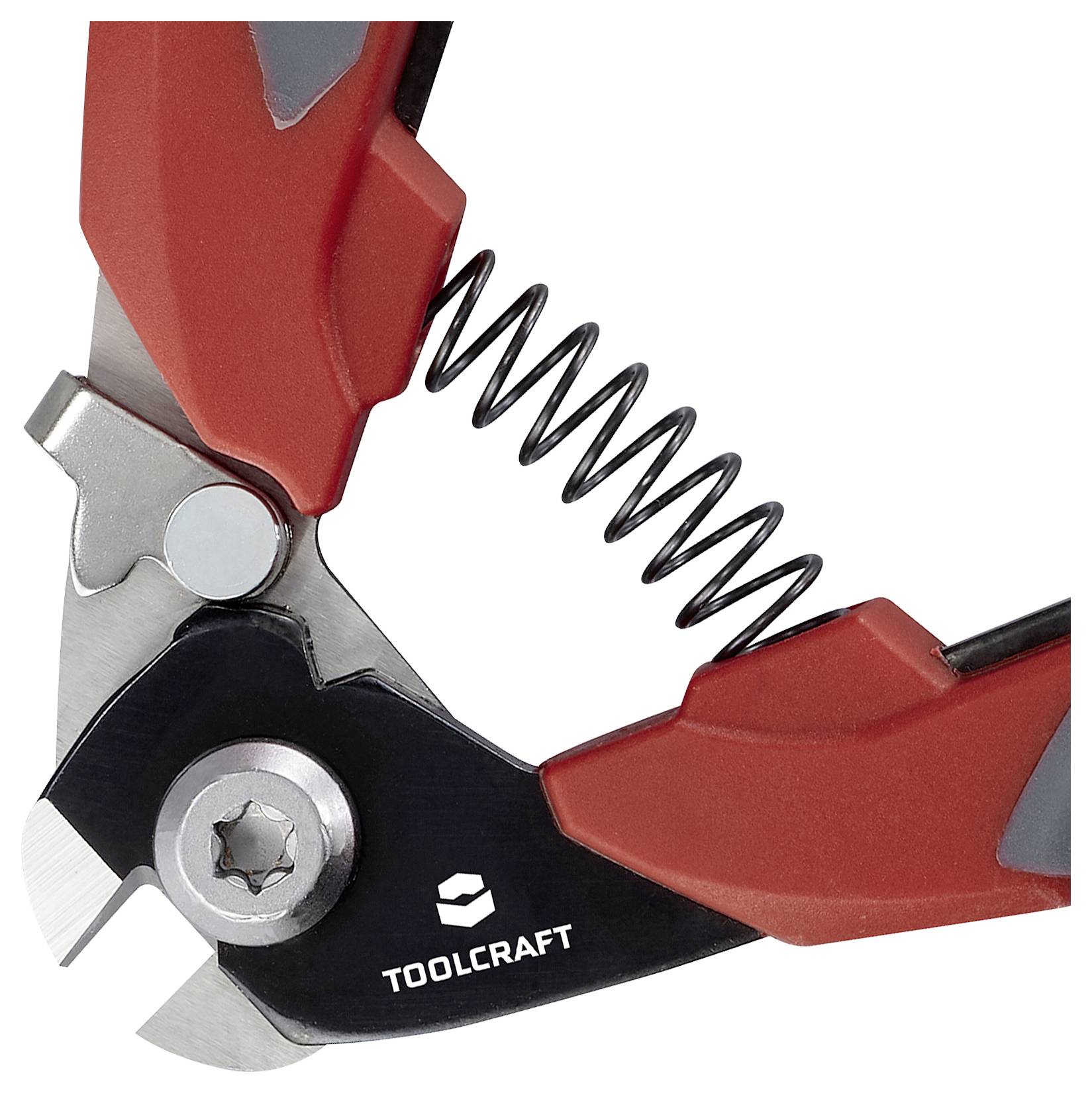 En närbild av en röd avbitare med fjäder och svart handtag. Varumärket 'Toolcraft' syns på verktyget.
