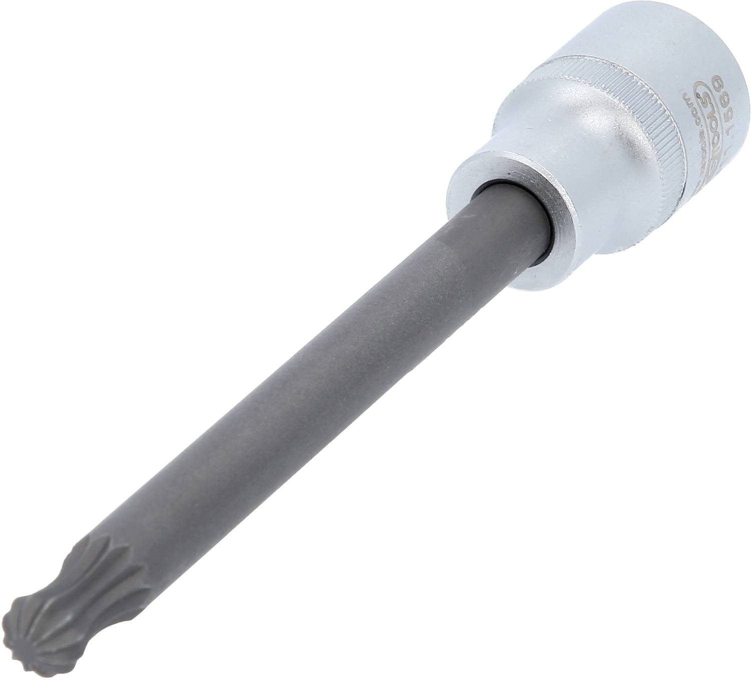 En silverfärgad hylsnyckel med ett långt, svart Torx-bits, använd för att lossa Torx-skruvar.