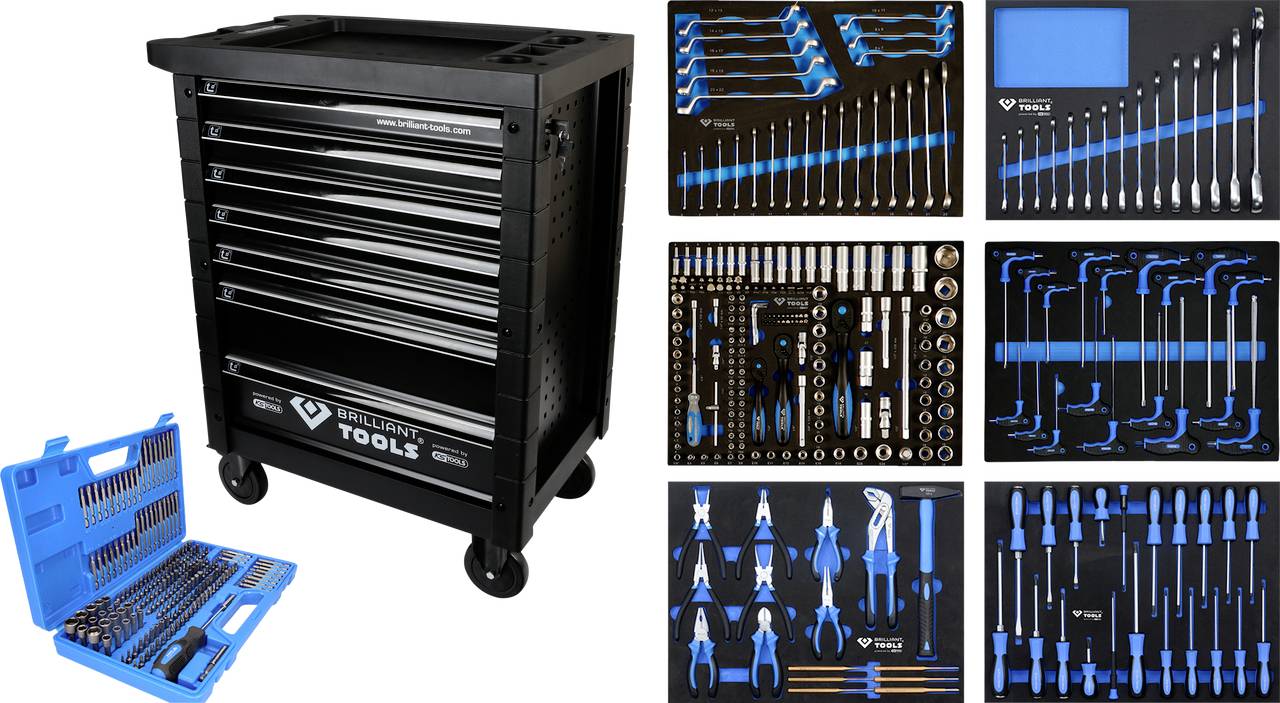 En svart verkstadsvagn med flera lådor fulla med olika verktyg, bredvid sex ark med organiserade verktygssatser.