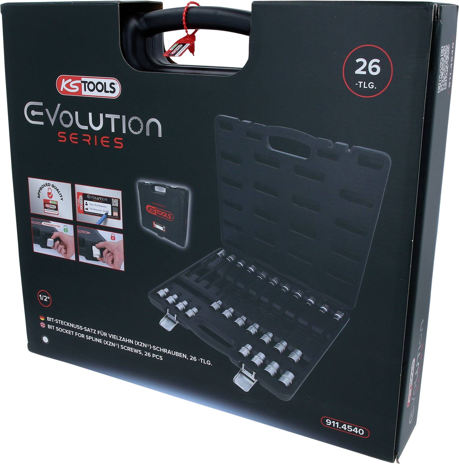 'KS Tools Evolution Series' verktygslåda med 26 delar, avbildad på förpackningen. Innehåller hylsor för mångkantsskruvar.