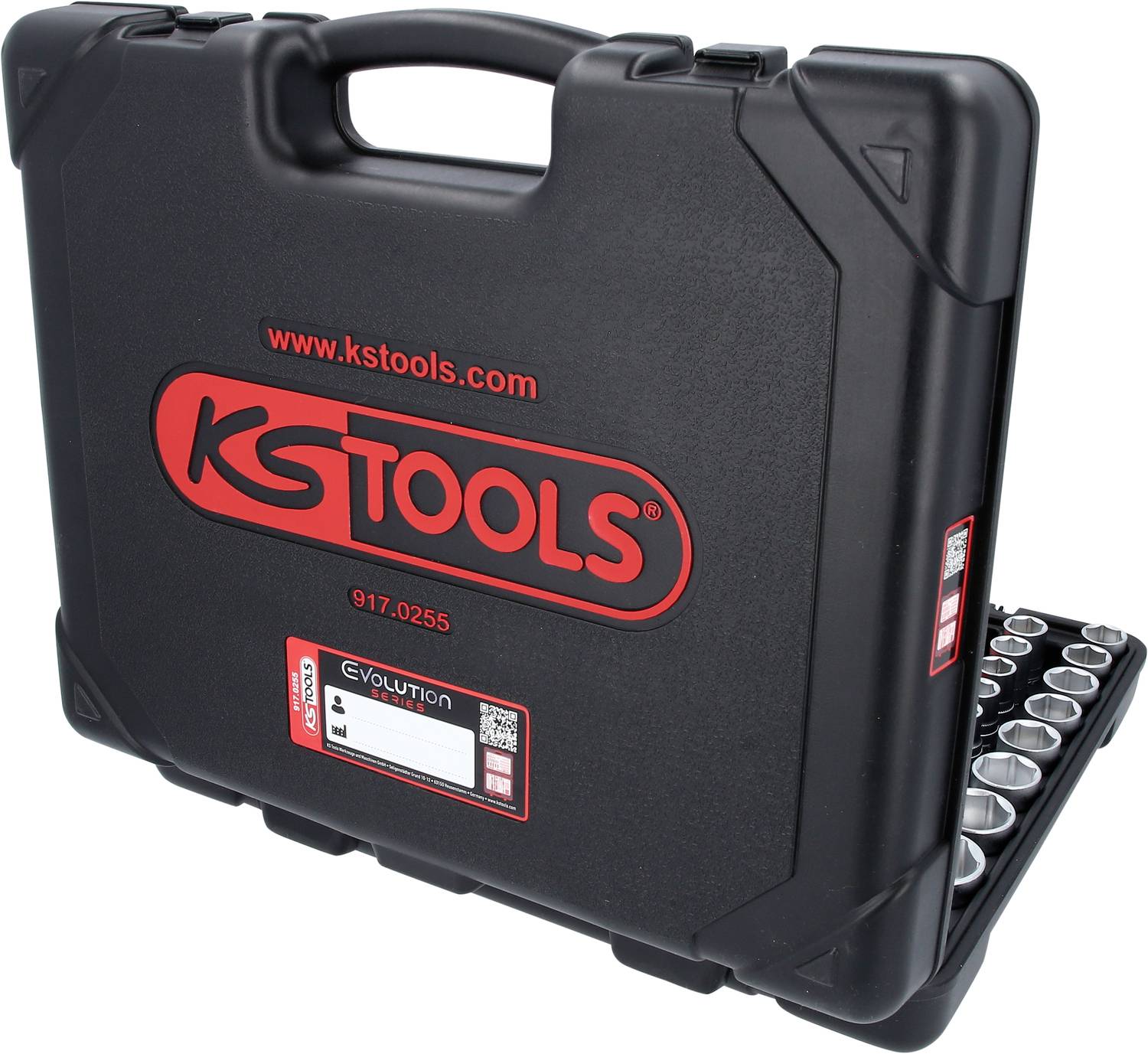 Svart verktygslåda från KS TOOLS med rött logo och webbplatslänk. Öppnad med synliga hylsor.