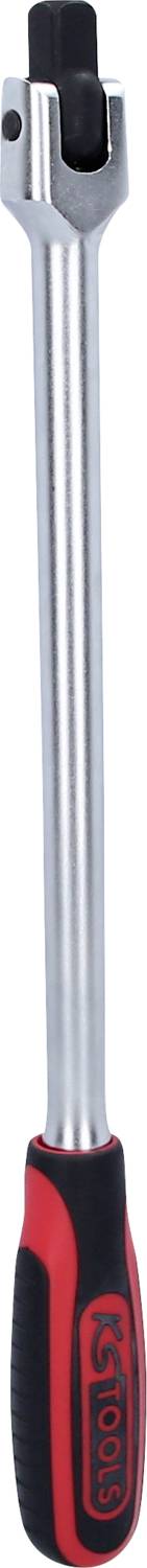 En justerbar skiftnyckel med lång metallskaft och ergonomiskt, röd-svart handtag. Perfekt för mekaniska arbeten.