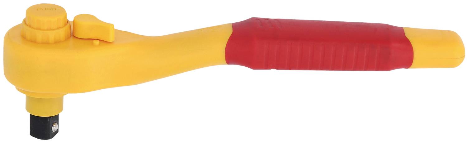 En gul momentnyckel med rött handtag, som är användbar för arbeten på svåråtkomliga platser.
