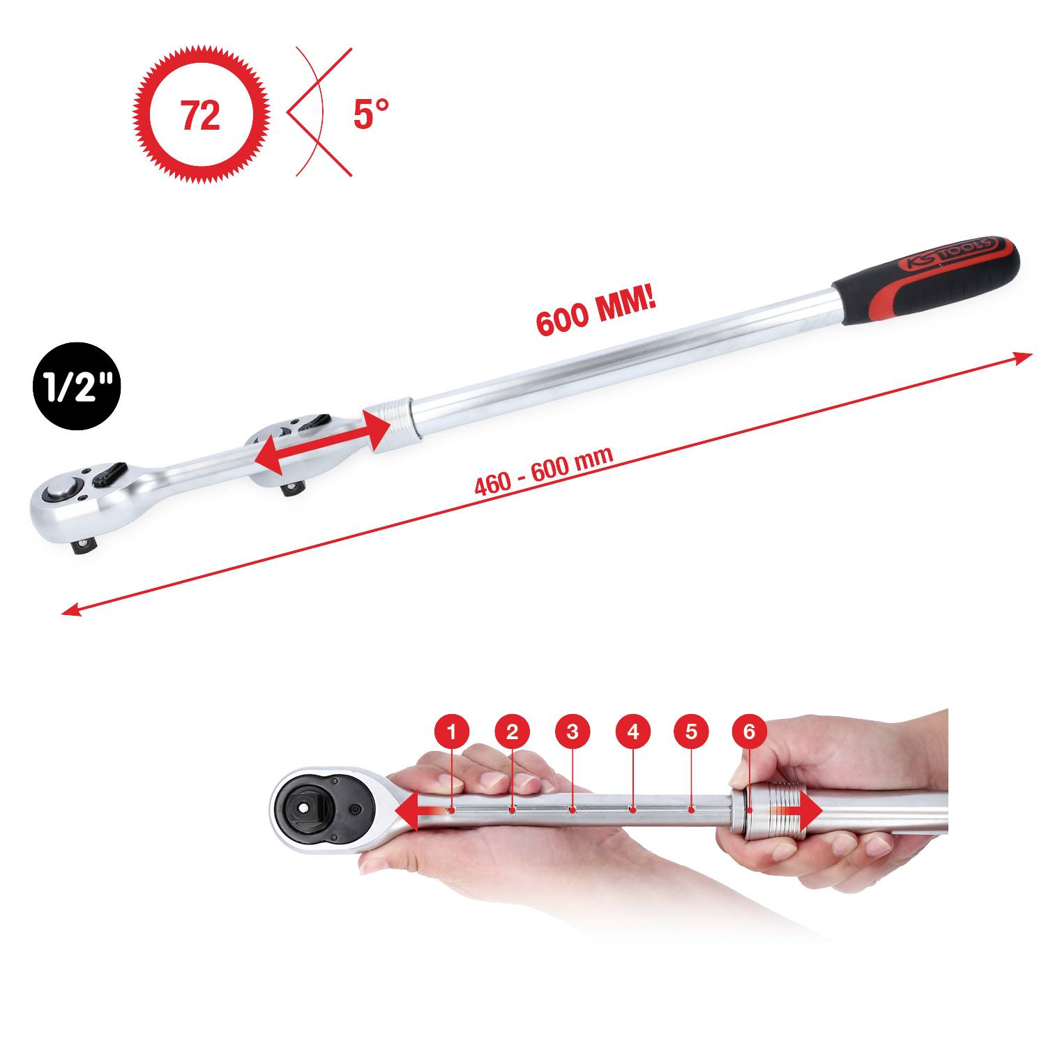 'Vändskaft, längd 600 mm, justerbar från 460-600 mm, huvud med 72 tänder, vändknapp för riktningsbyte, ergonomiskt handtag.'