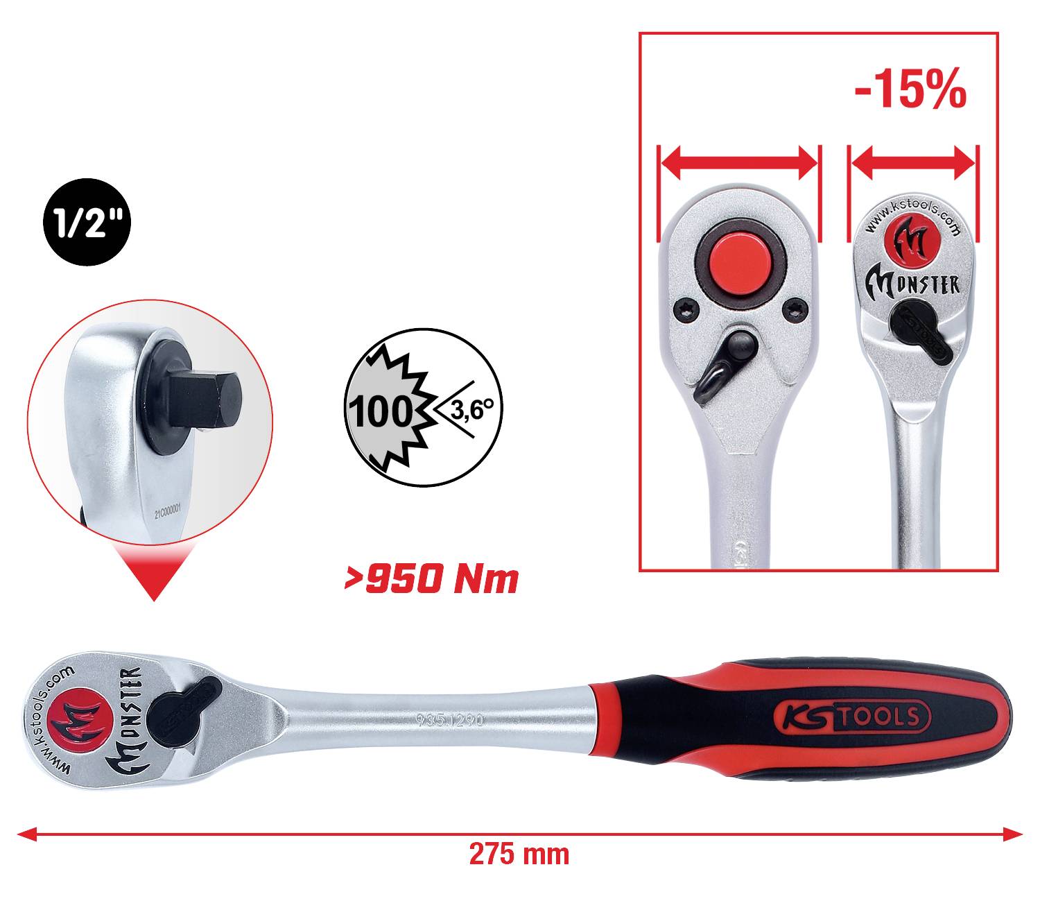 Spärrskaft, längd 275 mm, vridmoment över 950 Nm, med 1/2-tums drive. 15 % mer kompakt design, 100 tänder, 3,6° returvinkel.