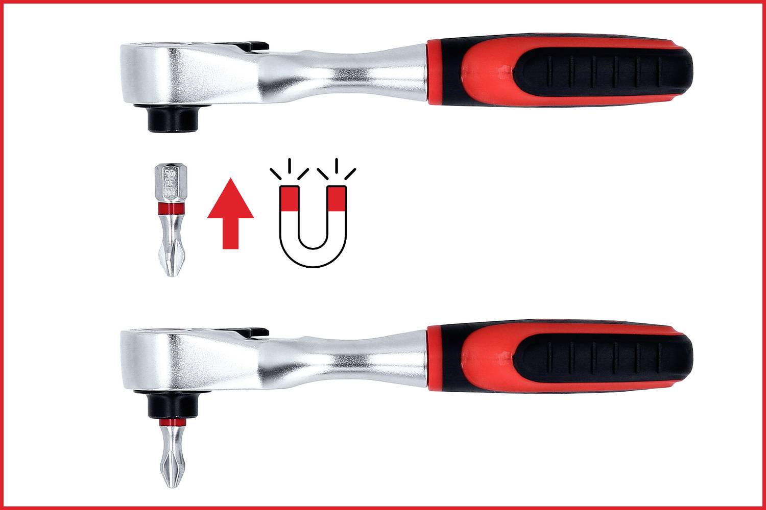 Två skiftnycklar med magnetisk hållare, övre utan bits, nedre med insatt bits. Magnetpiktogrammet visar fästanordningen.