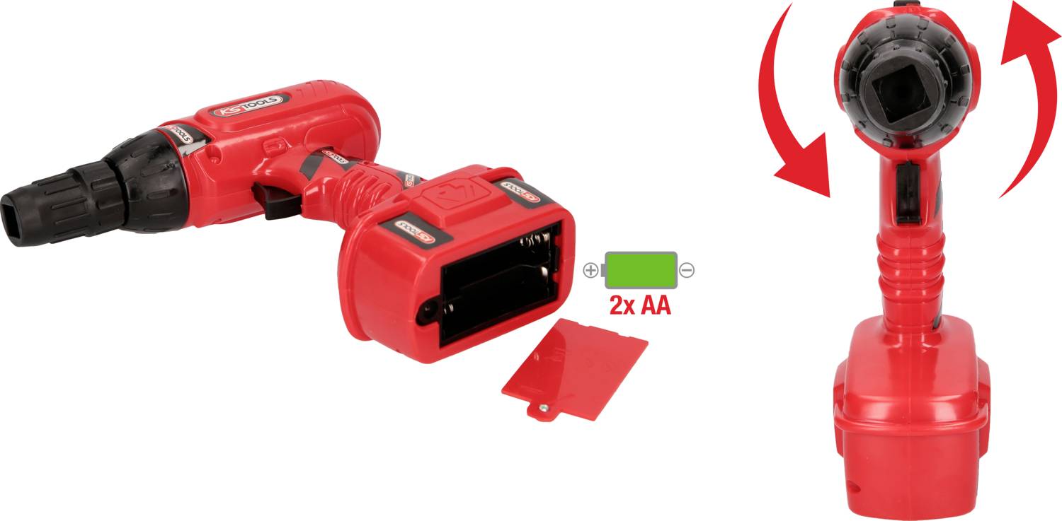 Bild av ett rött, sladdlöst elverktyg. Batterifacklocket med 2x AA-batterier och en vridbar spets är markerade.