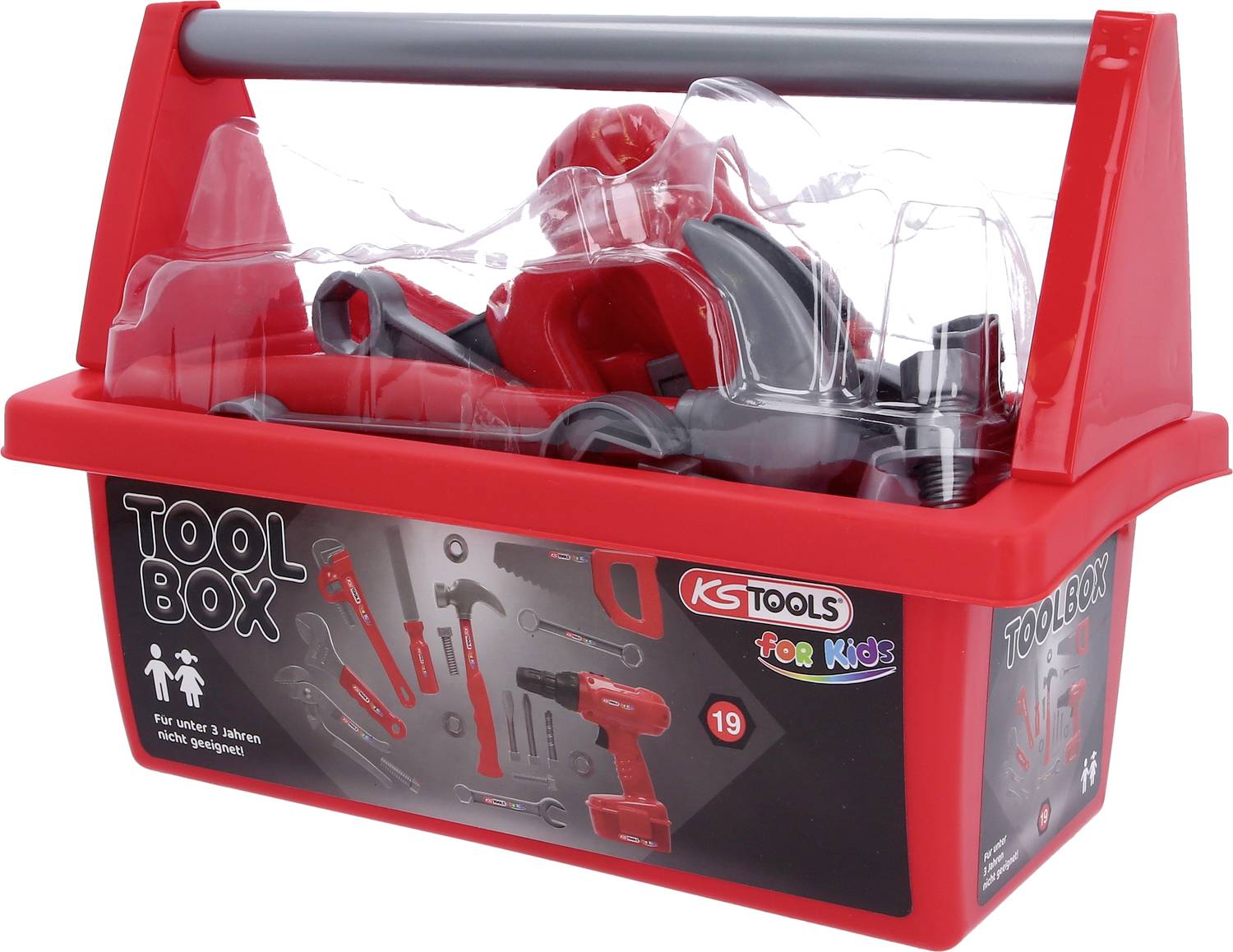 Röd verktygslåda för barn med olika leksaksverktyg som hammare, skiftnyckel och såg. Lämplig från 3 år.