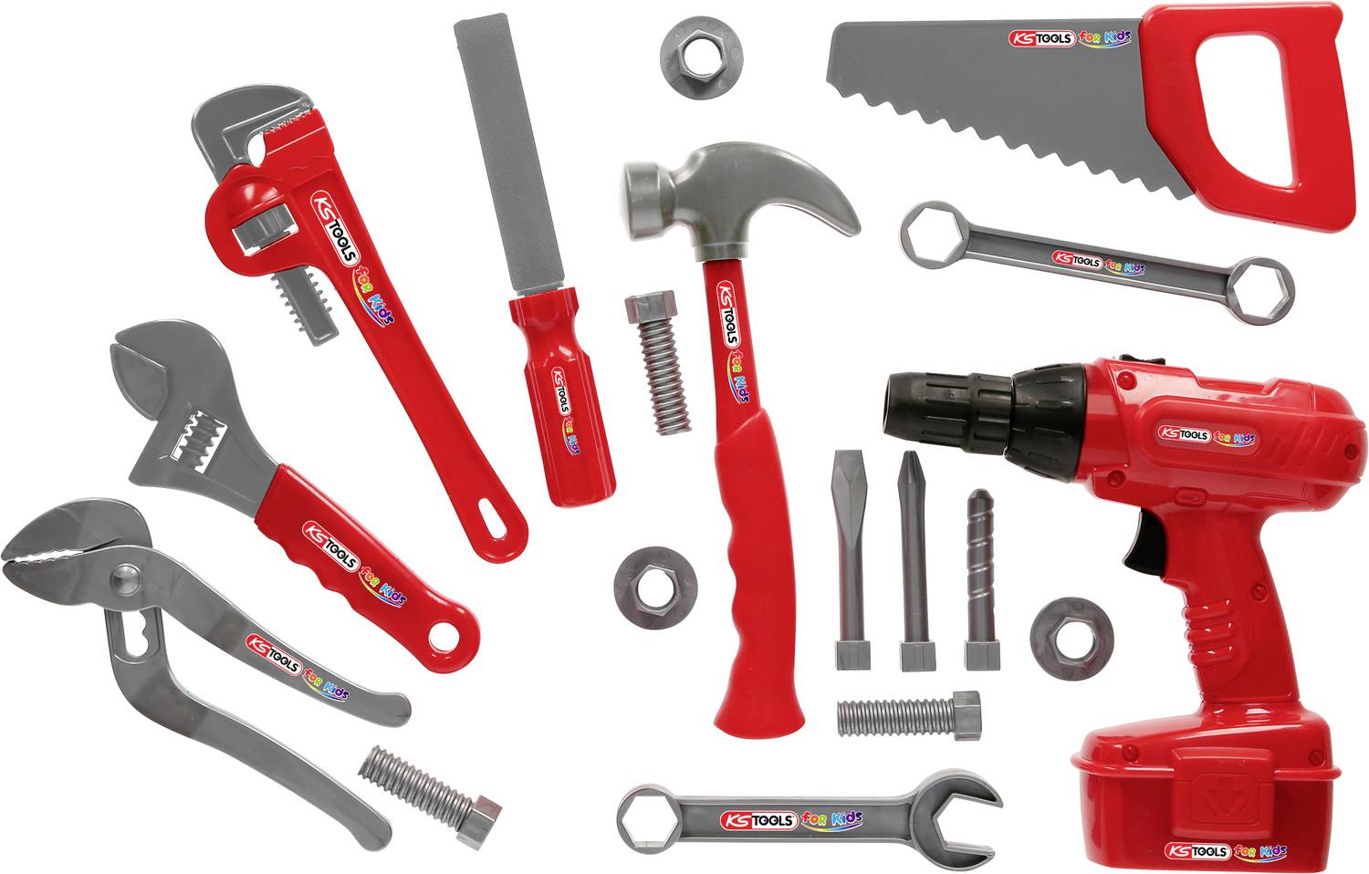 Leksaksverktygssats med röd borr, hammare, såg och skiftnycklar. Innehåller skruvar, muttrar och olika verktyg.