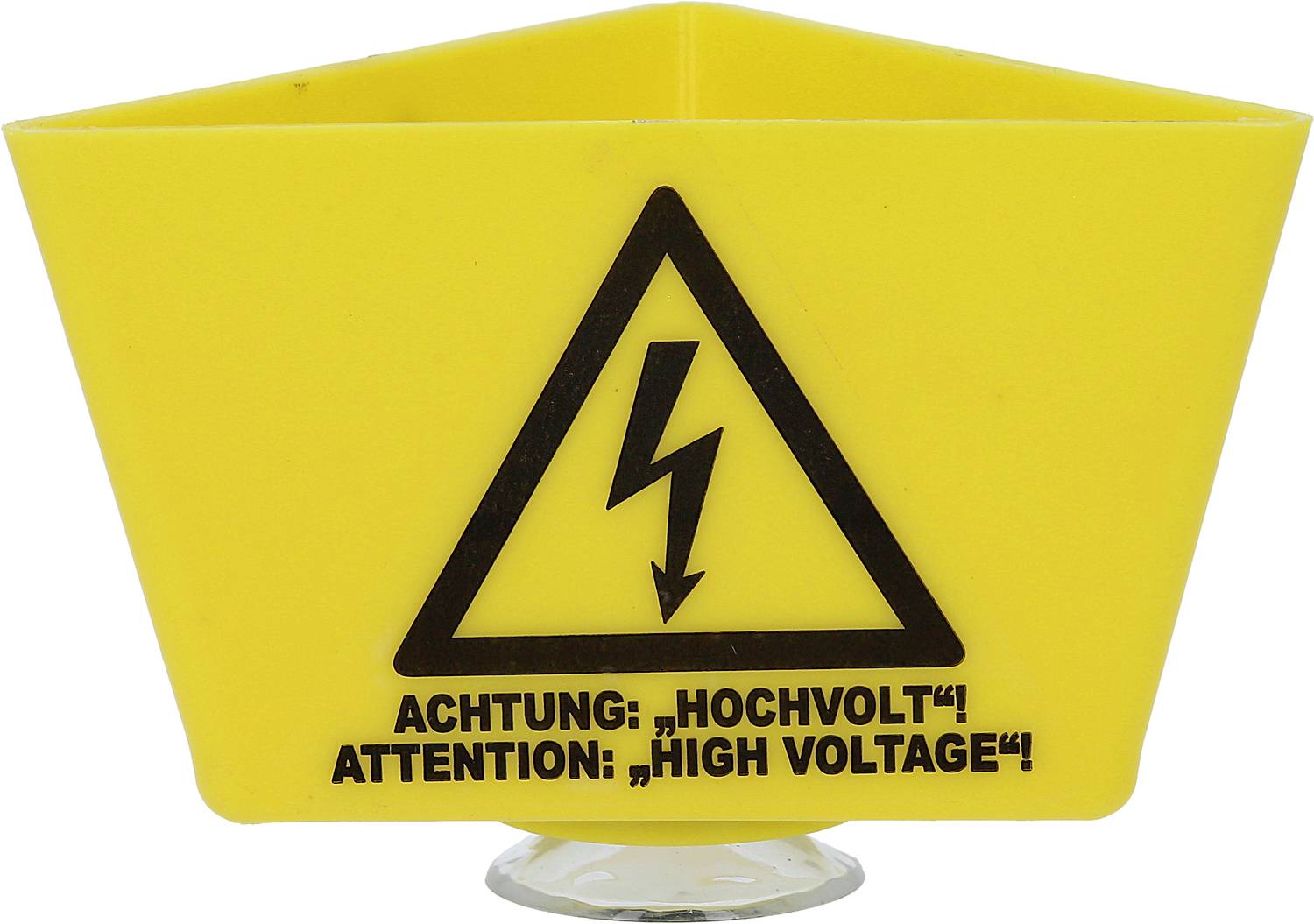 Gult varningsskyltskylt i triangelform med ett blixtsymbol och texten 'Varning: Högspänning! Attention: High Voltage!' i svart.