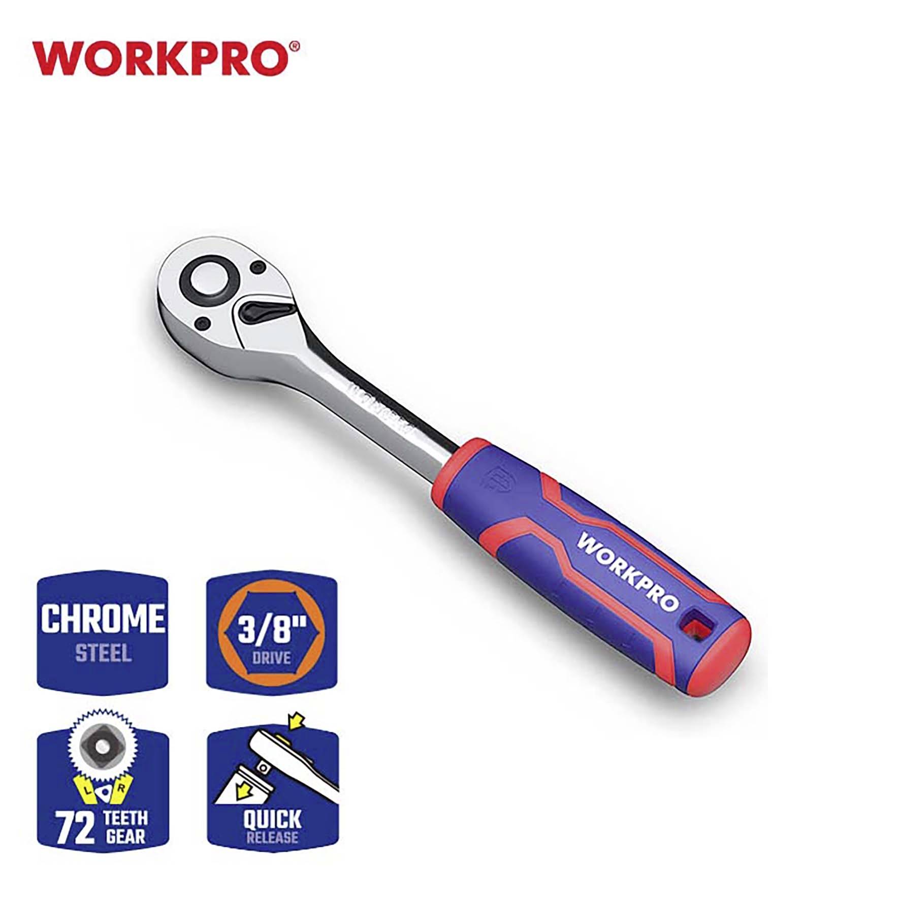 Skralle med blå-röd handtag, märke 'WORKPRO'. Beskrivningar: 'Chrome Steel', '3/8" Drive', '72 Tänders Kugghjul', 'Snabbfrigörande'.