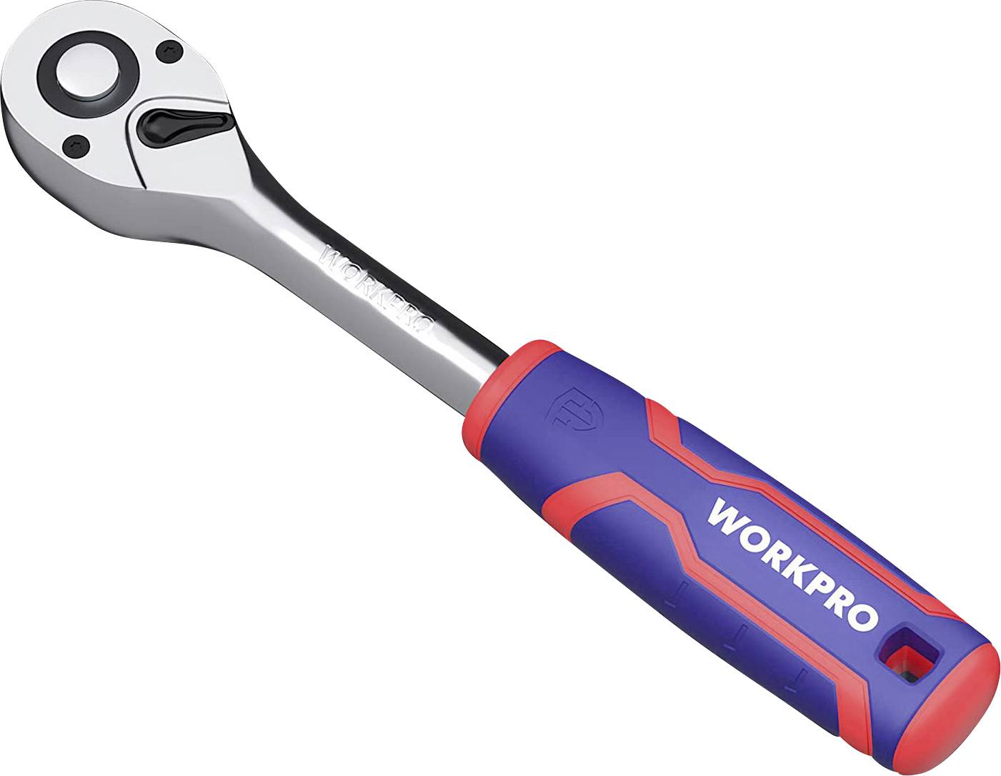 Skruvmejselrack med blå-röd handtag och 'WORKPRO'-tryck, lämplig för att lossa och dra åt skruvar.