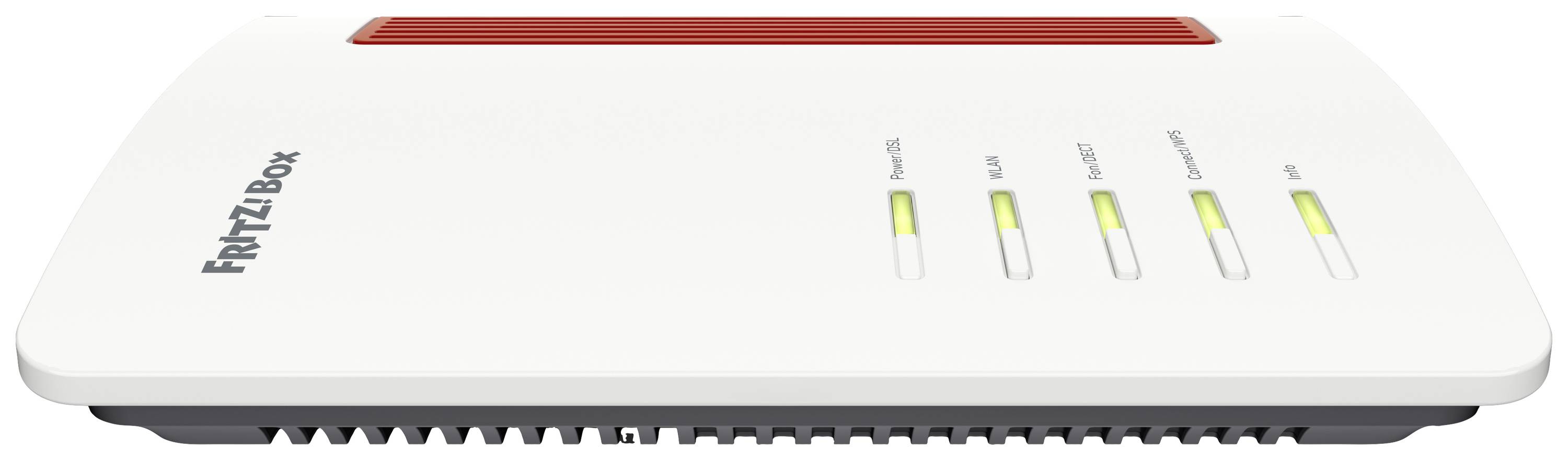 En vit router med texten 'FRITZ!Box' på vänster sida. Fyra LED-indikatorer är synliga på höger sida.