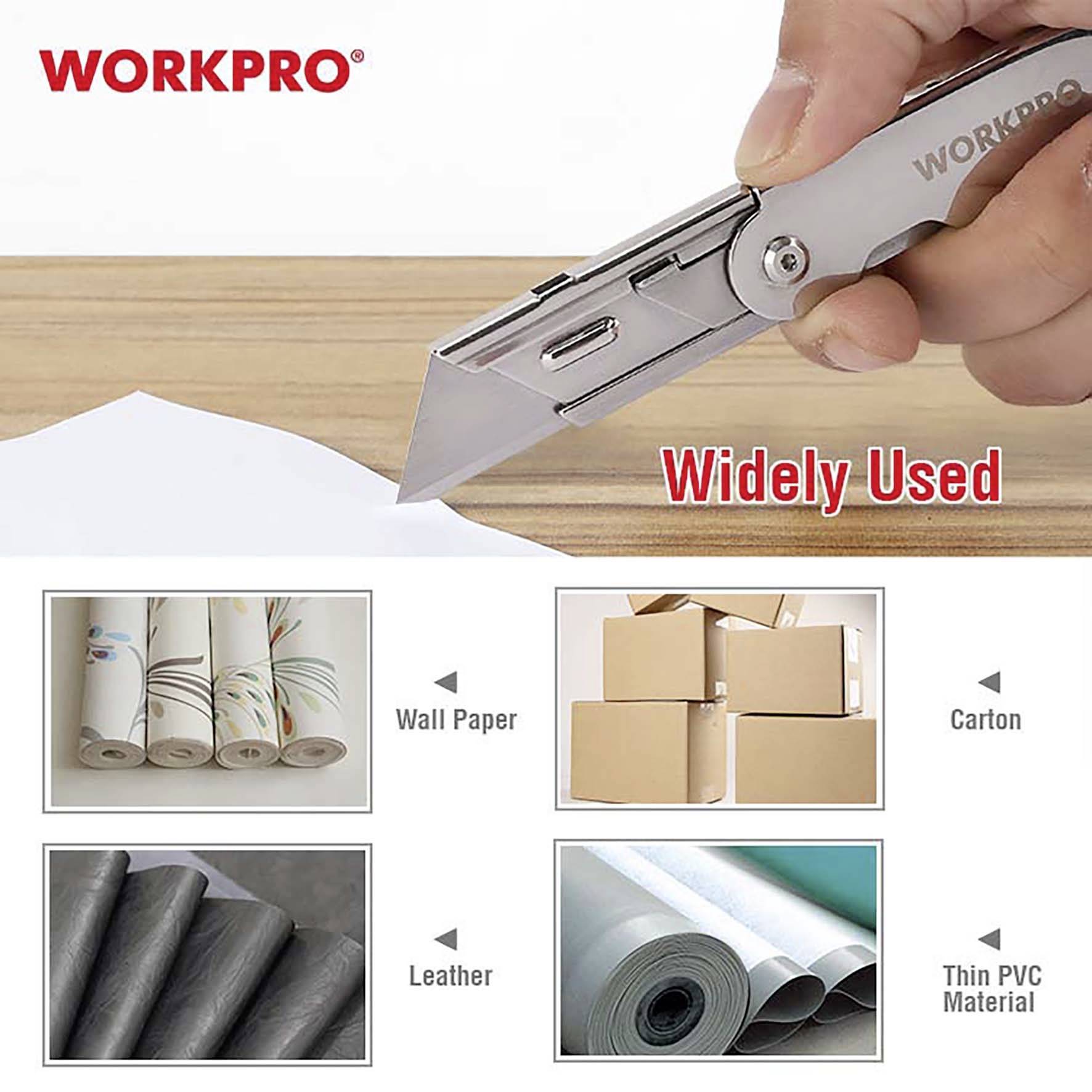 En hand håller en grå, stängd mattkniv från märket WORKPRO på ett bord. Under bilden finns illustrationer av matta, kartong och PVC med texten 'Widely Used'.