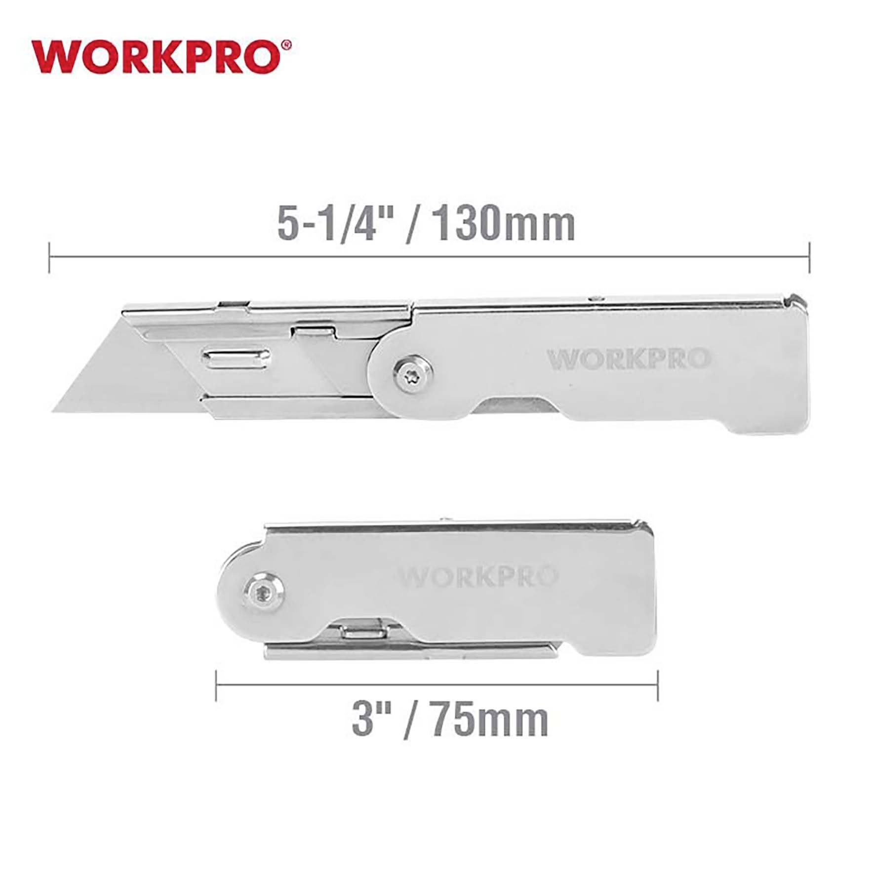 'Fällkniv från WORKPRO med två blad: stort blad 5-1/4" (130 mm), litet blad 3" (75 mm).'