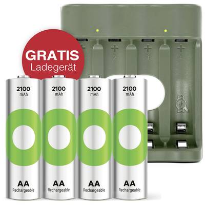 Fyra laddningsbara AA-batterier med 2100 mAh framför en laddare. En röd cirkel med texten 'GRATIS laddare' är placerad uppe till vänster.