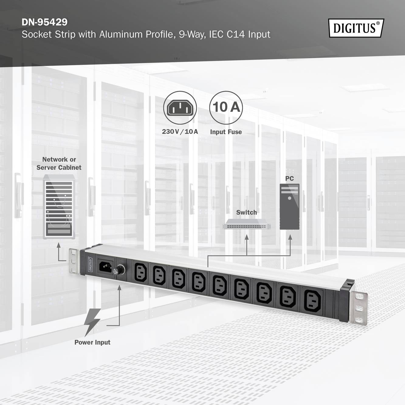 Digitus DN-95429 19 tum Nätverksskåp-förgreningsdosa 1 U IEC C13 10A Lämplig för skåpdjup: från 300 mm Aluminium, Alumin-6