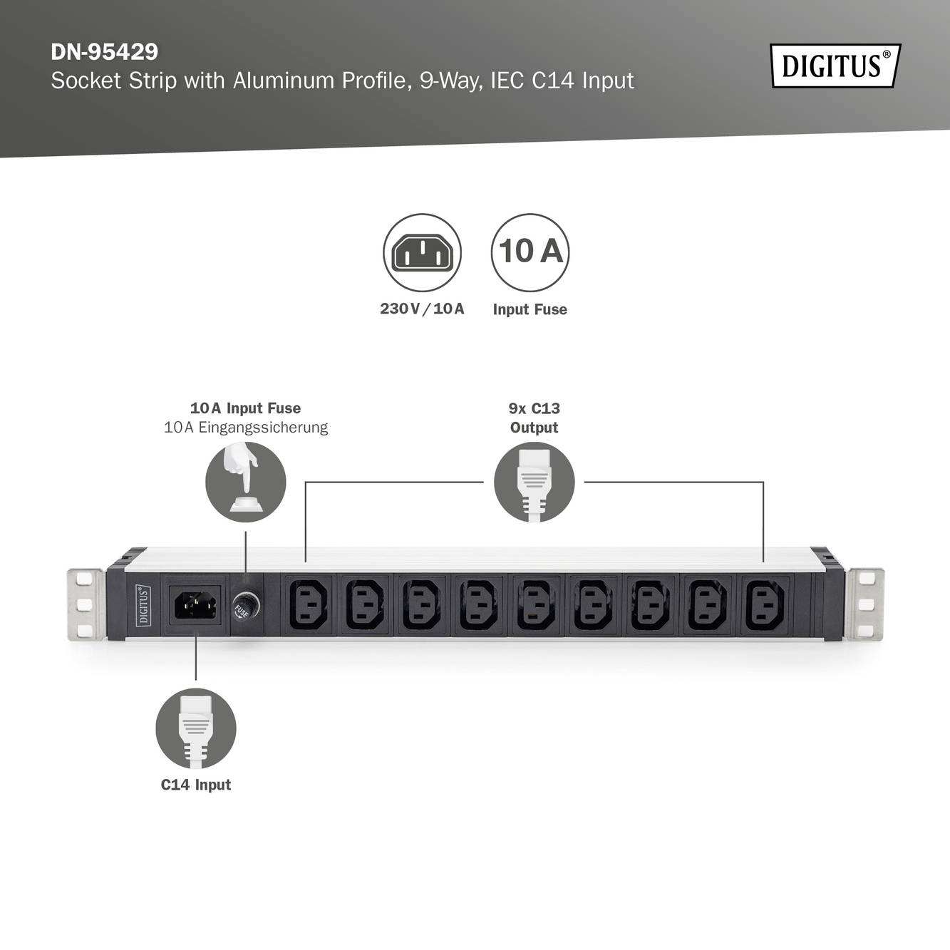 Digitus DN-95429 19 tum Nätverksskåp-förgreningsdosa 1 U IEC C13 10A Lämplig för skåpdjup: från 300 mm Aluminium, Alumin-7