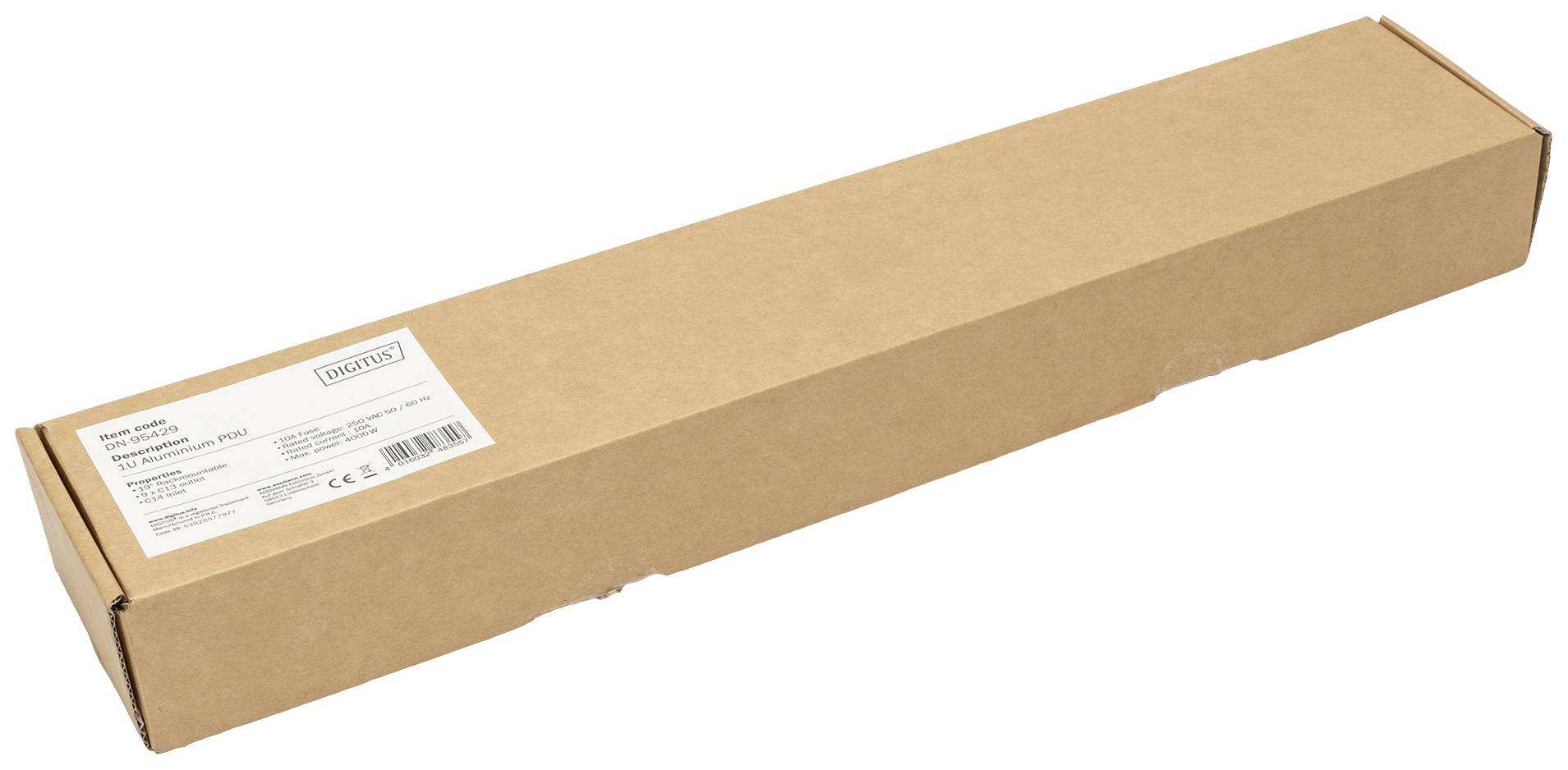 Lång rektangulär kartong med etikett. Innehåller IKEA-produktinformation. Kartong för möbelleverans eller förvaring.