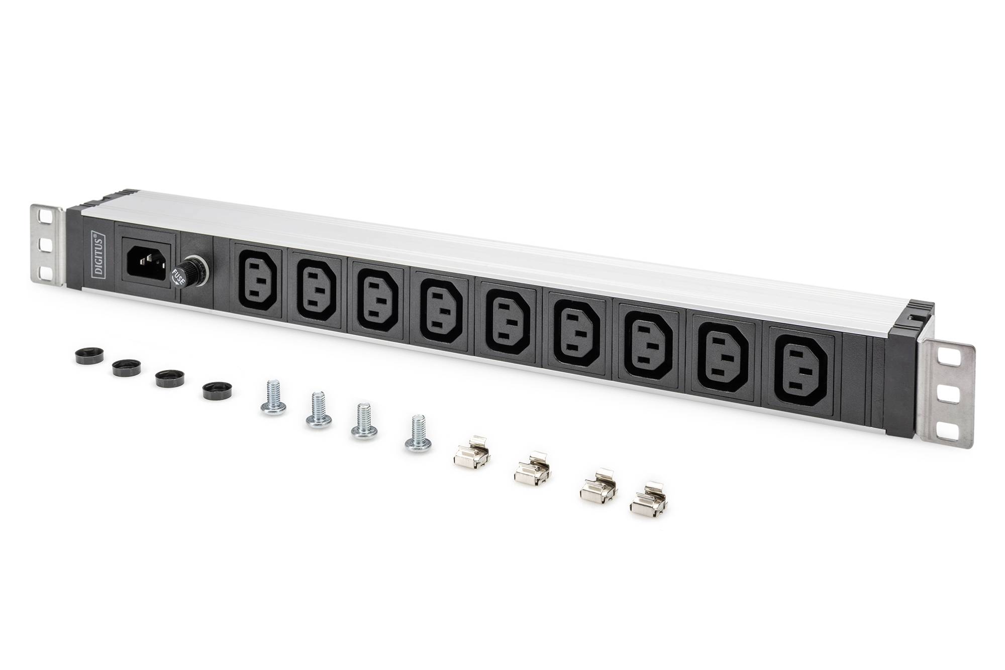 Nätverks-PDU med åtta svarta uttag, switch, inklusive monteringsskruvar och fästen för montering i ett serverrack.