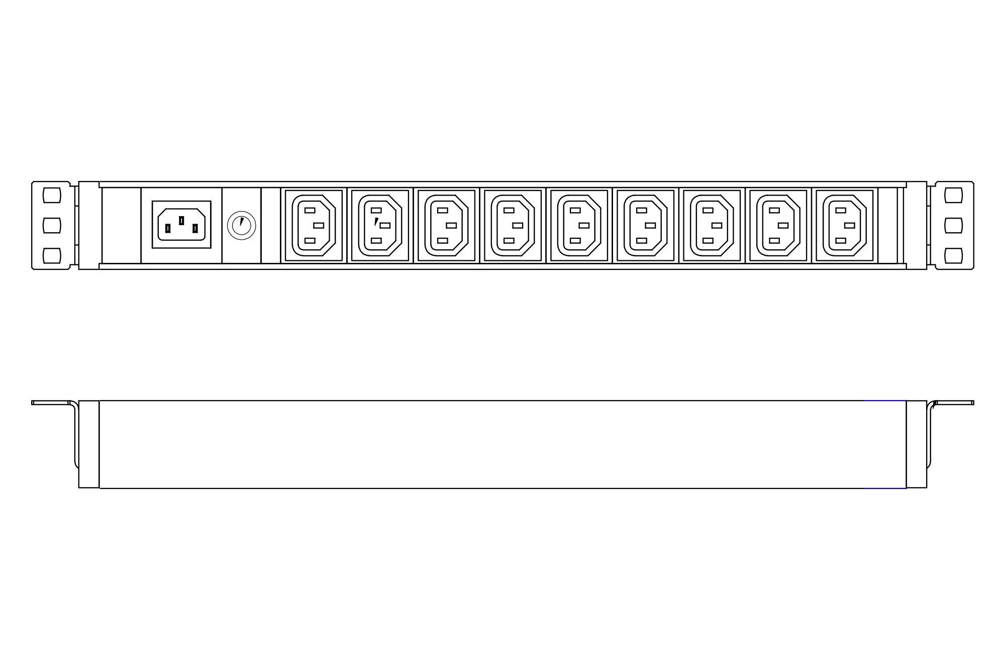 Strömfördelningslist med åtta uttag och en nätströmbrytare, lämplig för montering i ett serverrack.