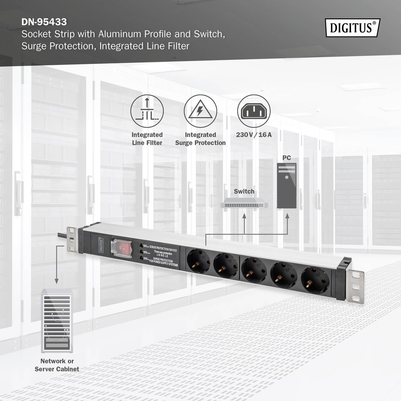 Digitus DN-95433 19 tum Nätverksskåp-förgreningsdosa 1 U Jordat uttag Lämplig för skåpdjup: från 300 mm Aluminium, Alumi-7