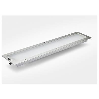 En rektangulär LED-panellampa med silverram och mjölkaktig täckning, lämplig för moderna interiörer.