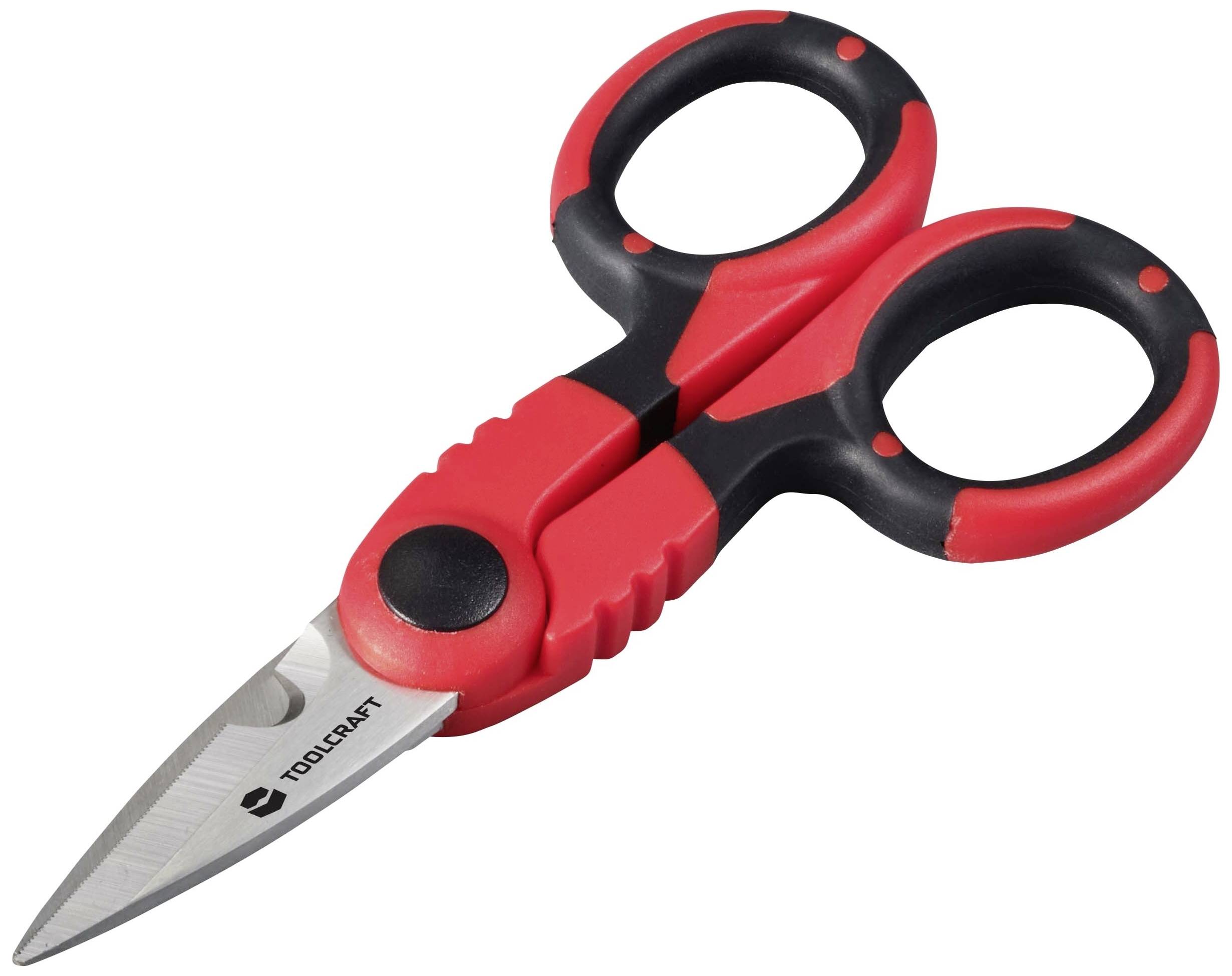 Röd och svart sax med ergonomiska handtag och märkt blad, placerad på vit bakgrund.