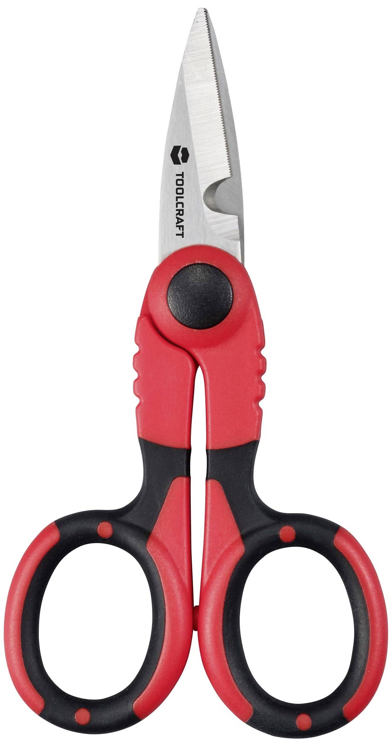 Röda och svarta saxar med ergonomiska handtag och tandade blad, vertikalt placerade.