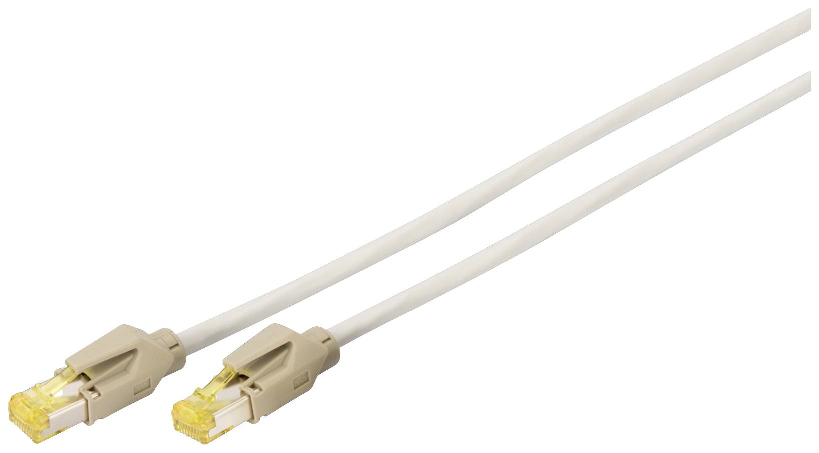 Två beiga Ethernet-kablar med gula kontakter, för nätverksanslutningar.