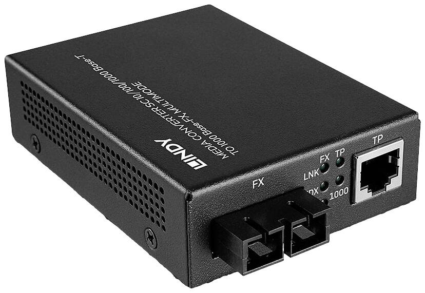 En svart mediekonverter med Ethernet-anslutning och optisk port. Varumärkesnamn och statuslysdioder är synliga på ovansidan.