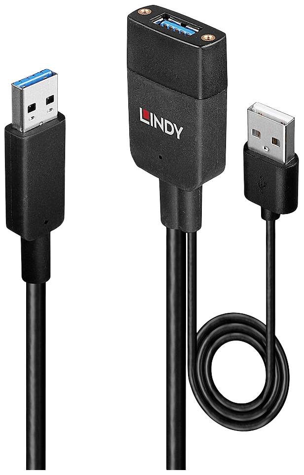 USB-förlängningskabel med USB 3.0-anslutningar. Den honliga kontakten är märkt 'LINDY'. Svart, för dataöverföring.