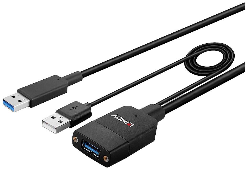 USB-förlängningskabel med hane- och honkontakt; möjliggör längre anslutningar mellan enheter med USB-portar.