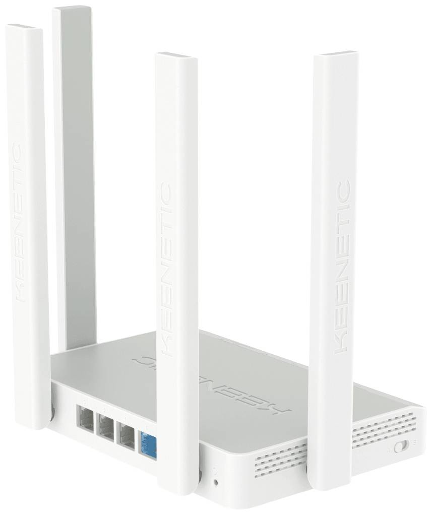 En vit WiFi-router med fyra externa antenner. På framsidan syns anslutningar för internetuppkoppling.