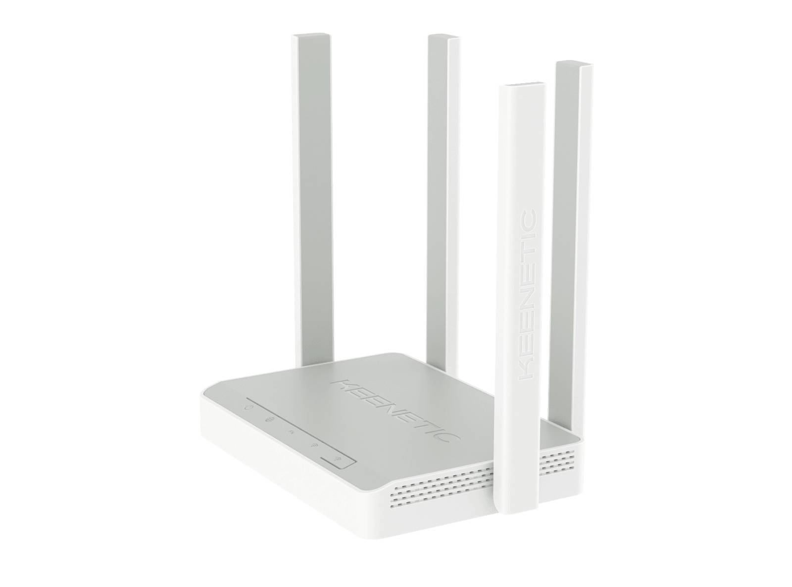 Vit WiFi-router med fyra uppstående antenner, liten storlek. Varumärkesnamn på ovansidan.