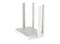 Vit WiFi-router med fyra uppstående antenner, liten storlek. Varumärkesnamn på ovansidan.
