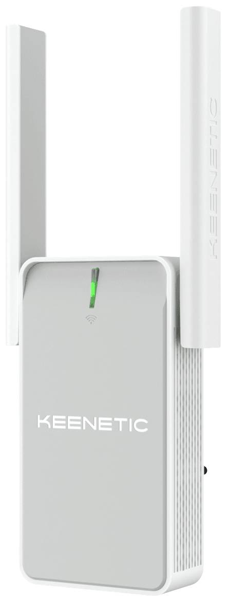 En vit WLAN-repeater med två stående antenner och en grön statusindikator. Varumärket 'Keenetic' syns på framsidan.