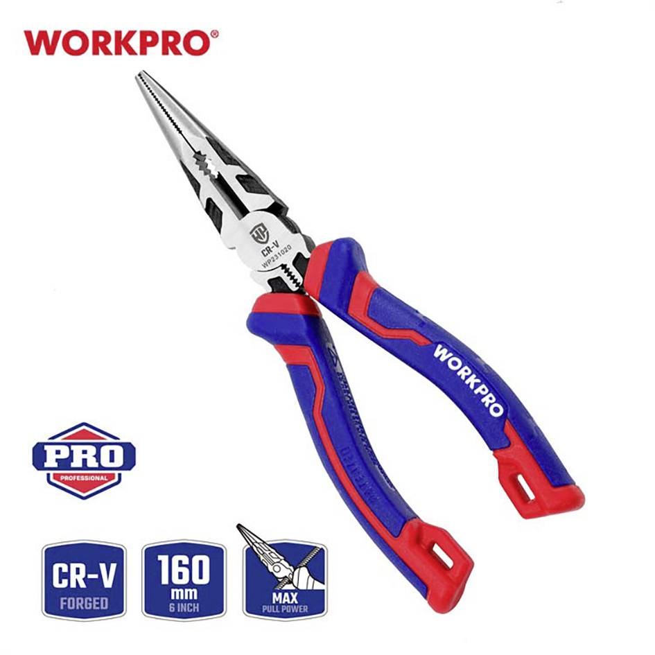 Tång med röd och blå handtag, märke WORKPRO. Etiketter visar 'CR-V', '160 mm' och 'MAX Pull Power'.