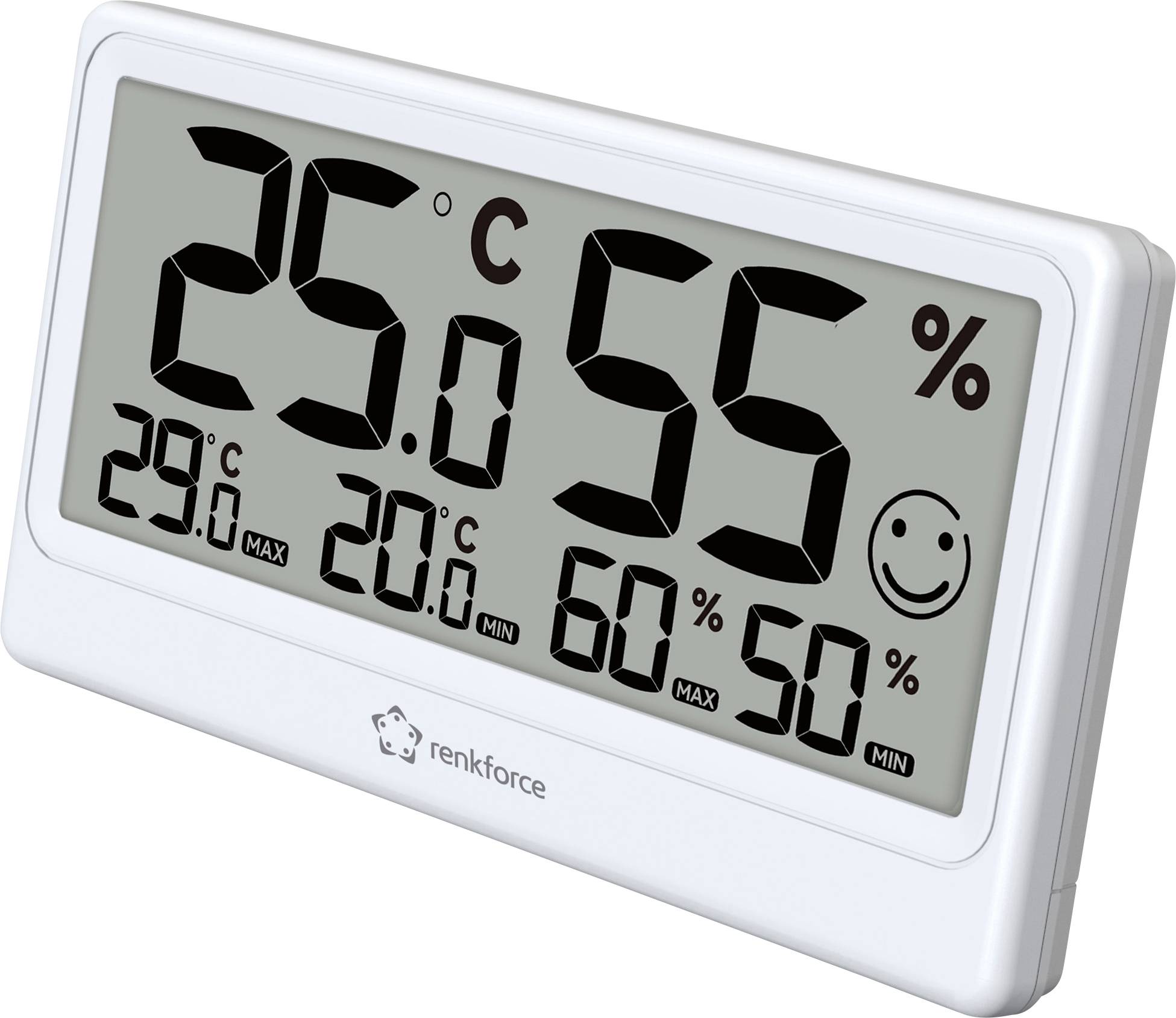 Ett digitalt termo-hygrometer på ett bord visar 25°C och 55% luftfuktighet, med min- och max-värden nedanför.