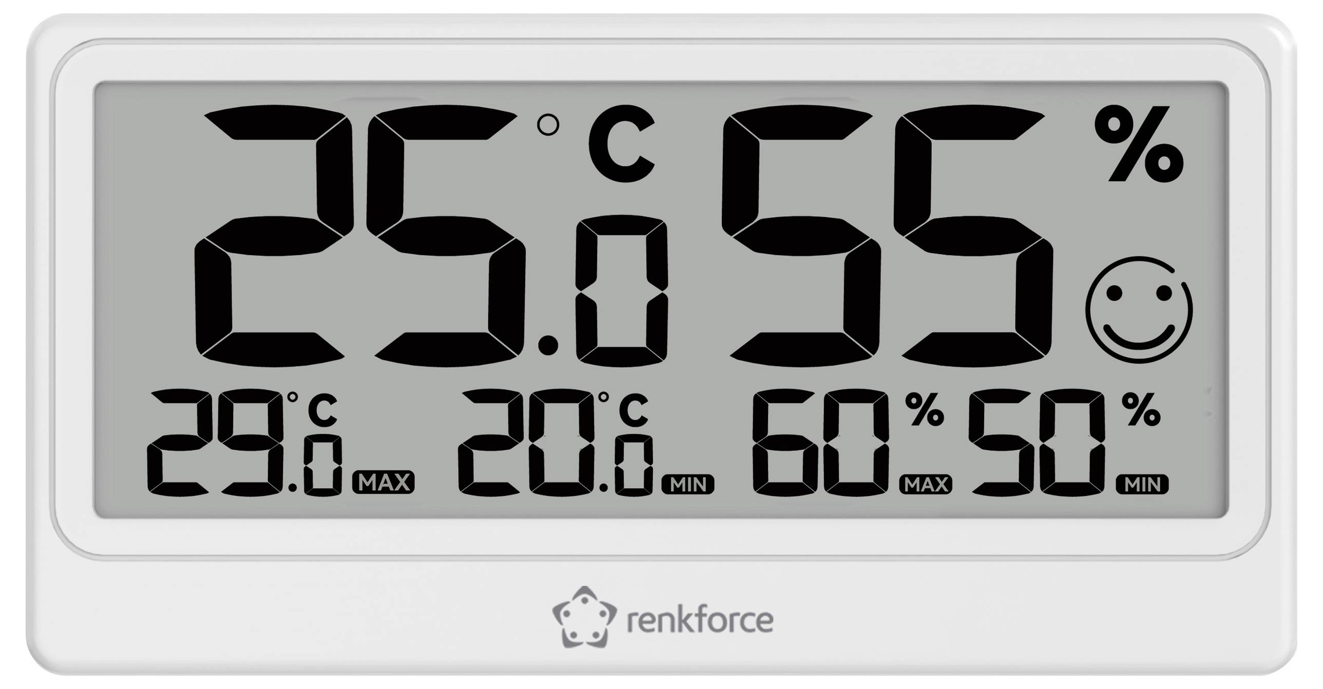 Digitalt termo-hygrometer visar 25°C, 55% luftfuktighet. Maximalt 29°C, minimalt 20°C. Maximalt 60%, minimalt 50% luftfuktighet.