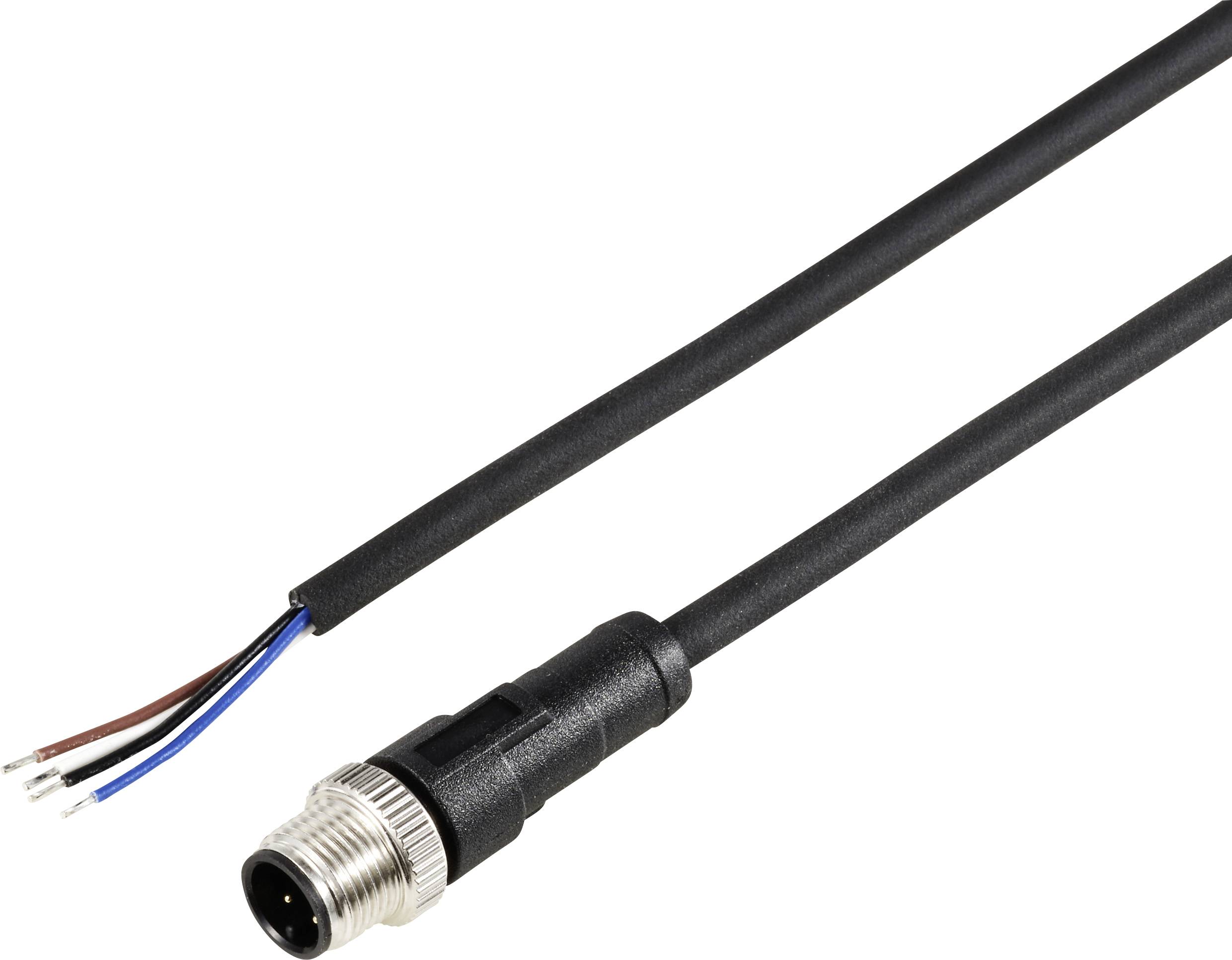Svart kabel med rund kontakt och fyra nakna ledare, lämplig för industriella tillämpningar eller elektroniska anslutningar.